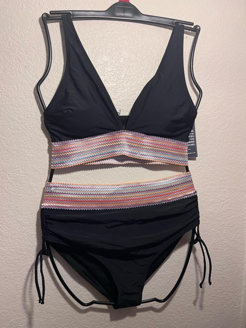 Black Two-Piece Swim Set with Multicolor Zigzag Band